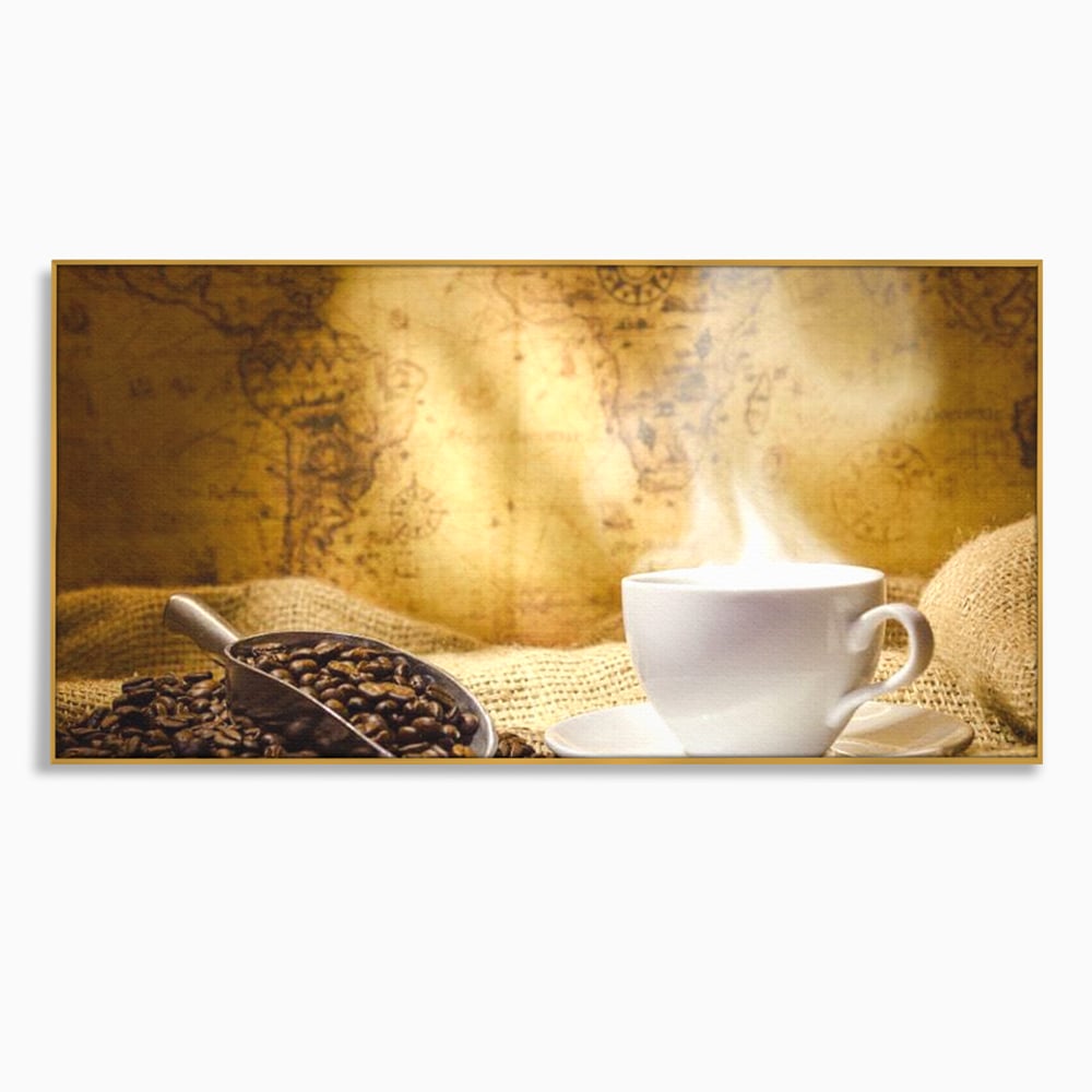 Tablou canvas cu ceasca de cafea cu boabe pe sac de iuta, in rama de aluminiu auriu
